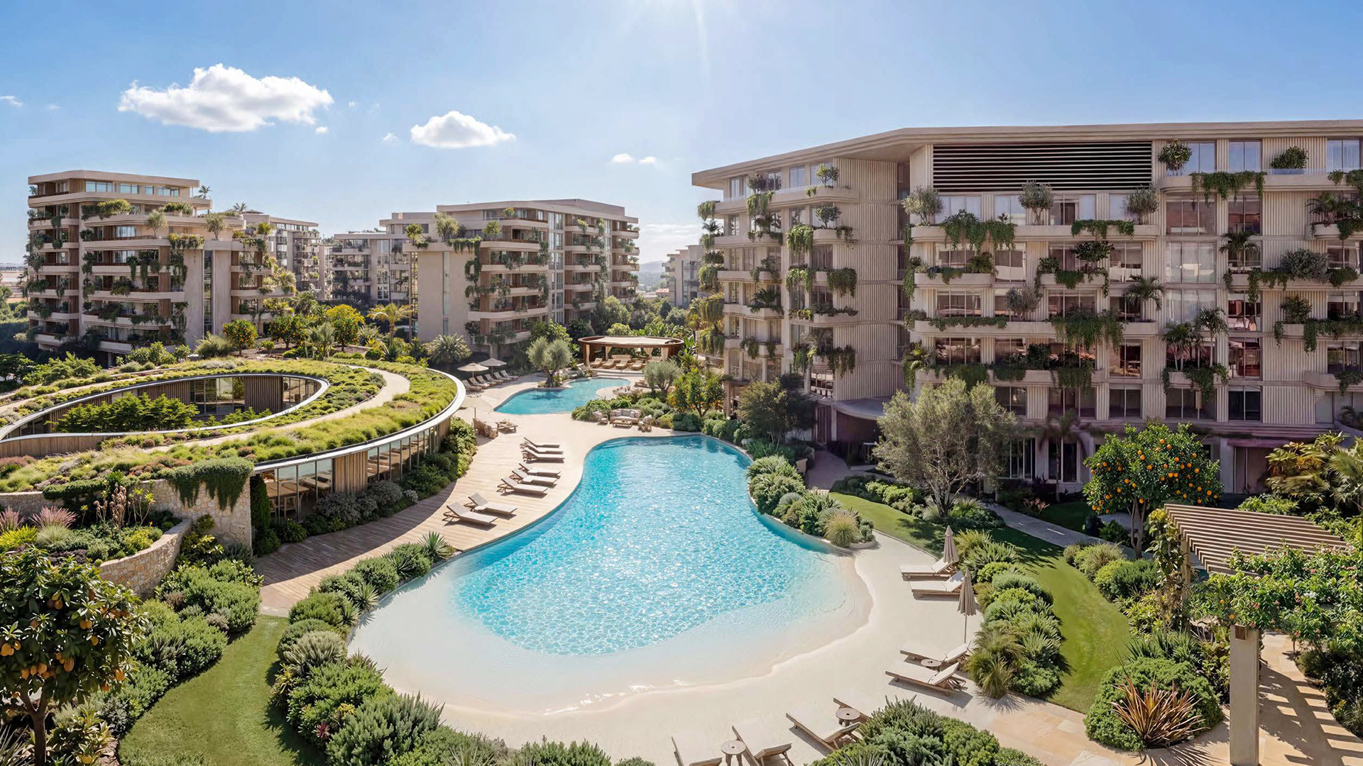 Landscaped residential courtyard with lagoon pool