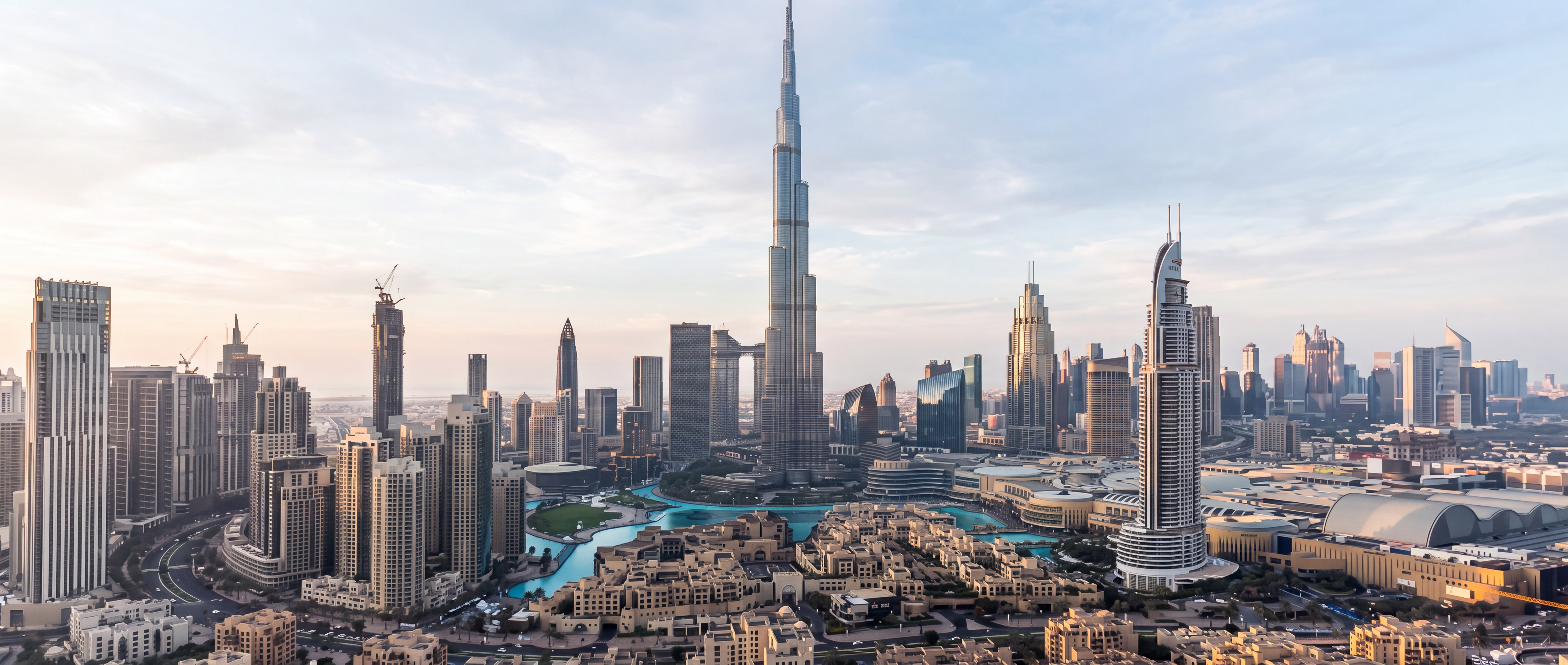 Dubai skyline with Burj Khalifa — scroll to explore the panoramic view