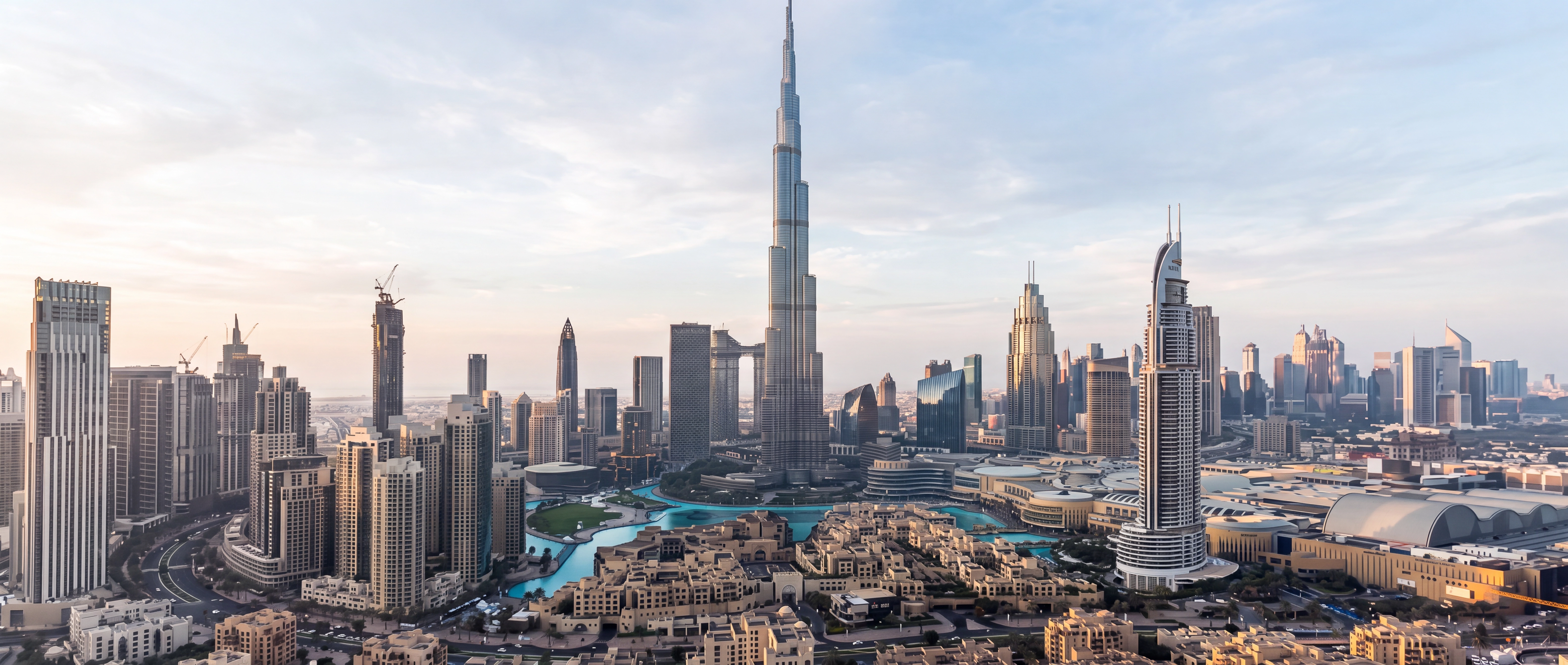 Dubai skyline with Burj Khalifa — scroll to explore the panoramic view